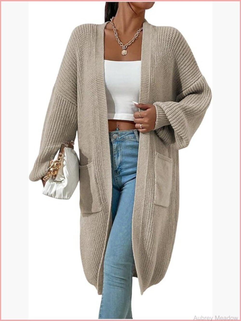 Women's Open Front Cardigan Sweater Knee Length Long Sleeve with Pockets